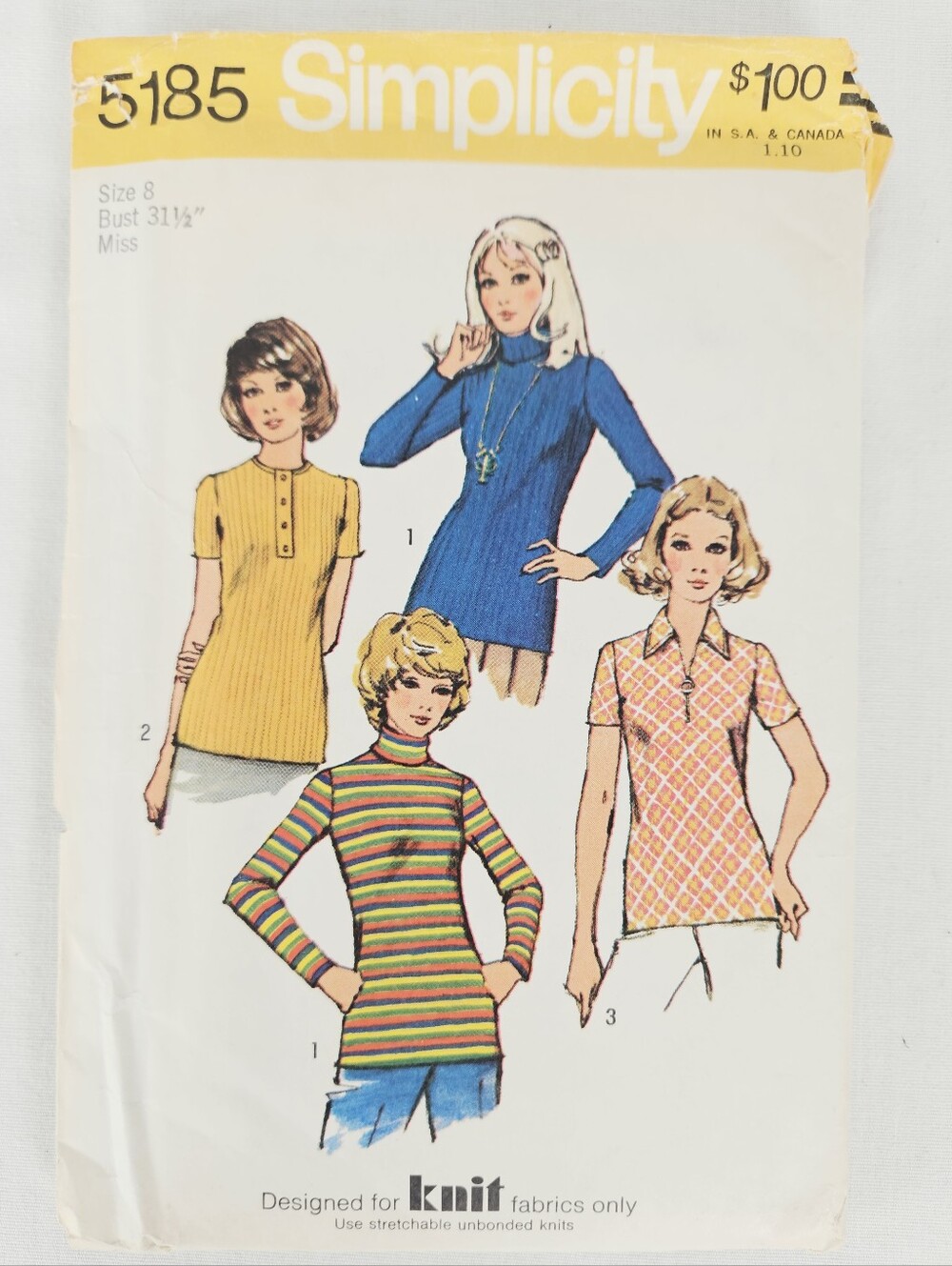Vintage 1972 Simplicity 5185 Knit Tops Sewing Pattern Size 8 Bust 31½